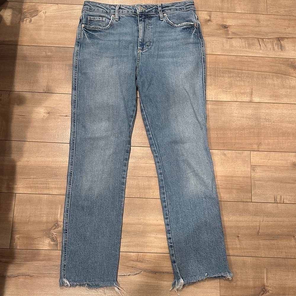 Free People Straight Leg Blue Jeans Fray Raw Hem Sz 26